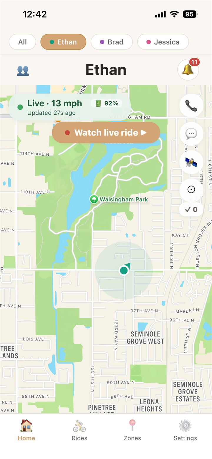 Rygiene Home screen: Ethan riding live at 13 mph on a neighborhood map, with a Watch live ride button