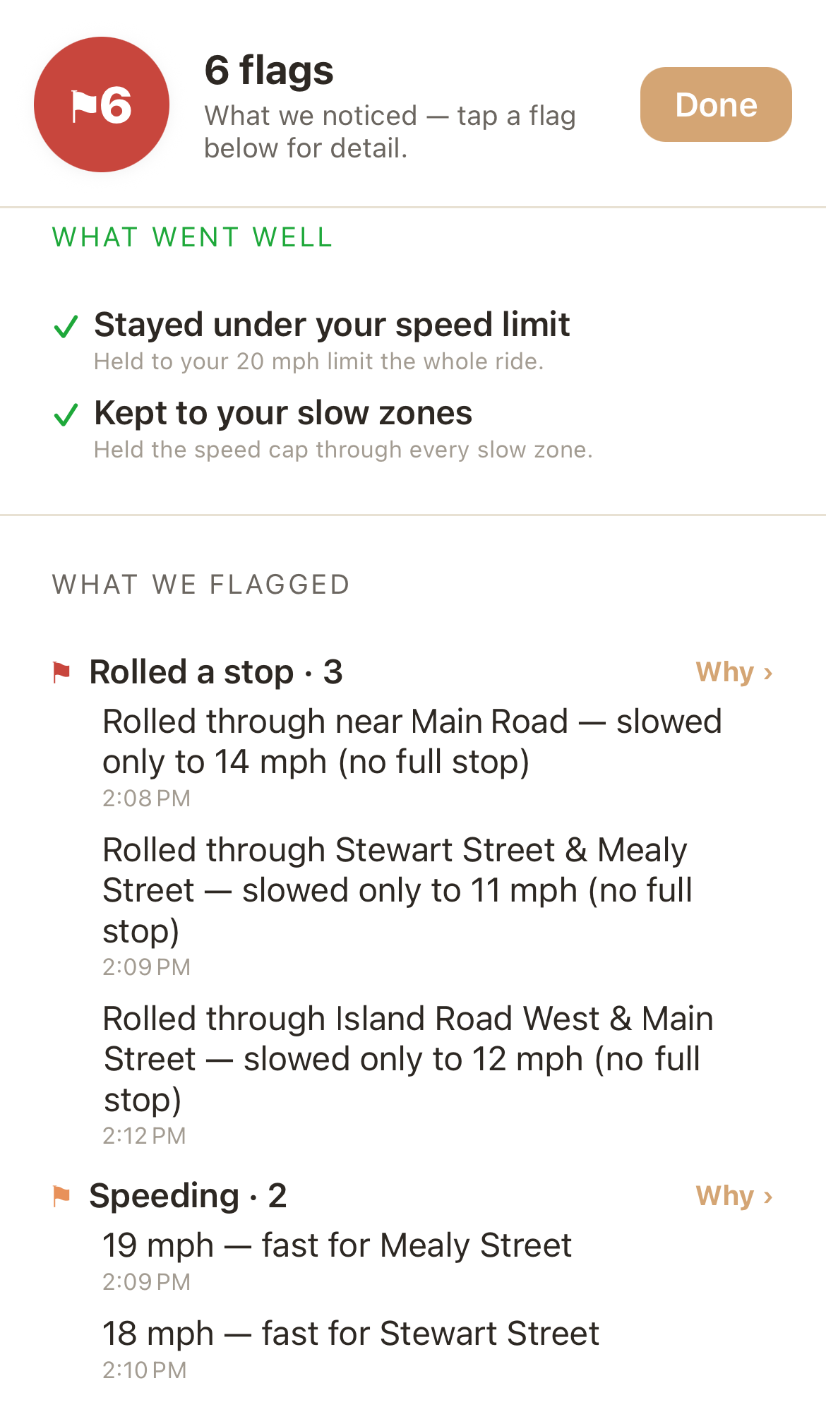 Rygiene ride summary: what went well, plus flagged moments — rolled stops and speeding — each in plain words with the street, the speed, and the time