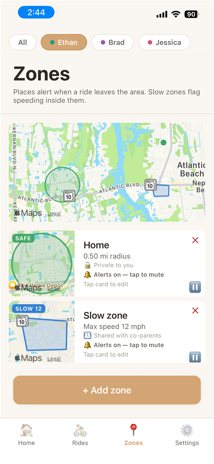 Zones screen with a safe-area circle and a slow zone on the map